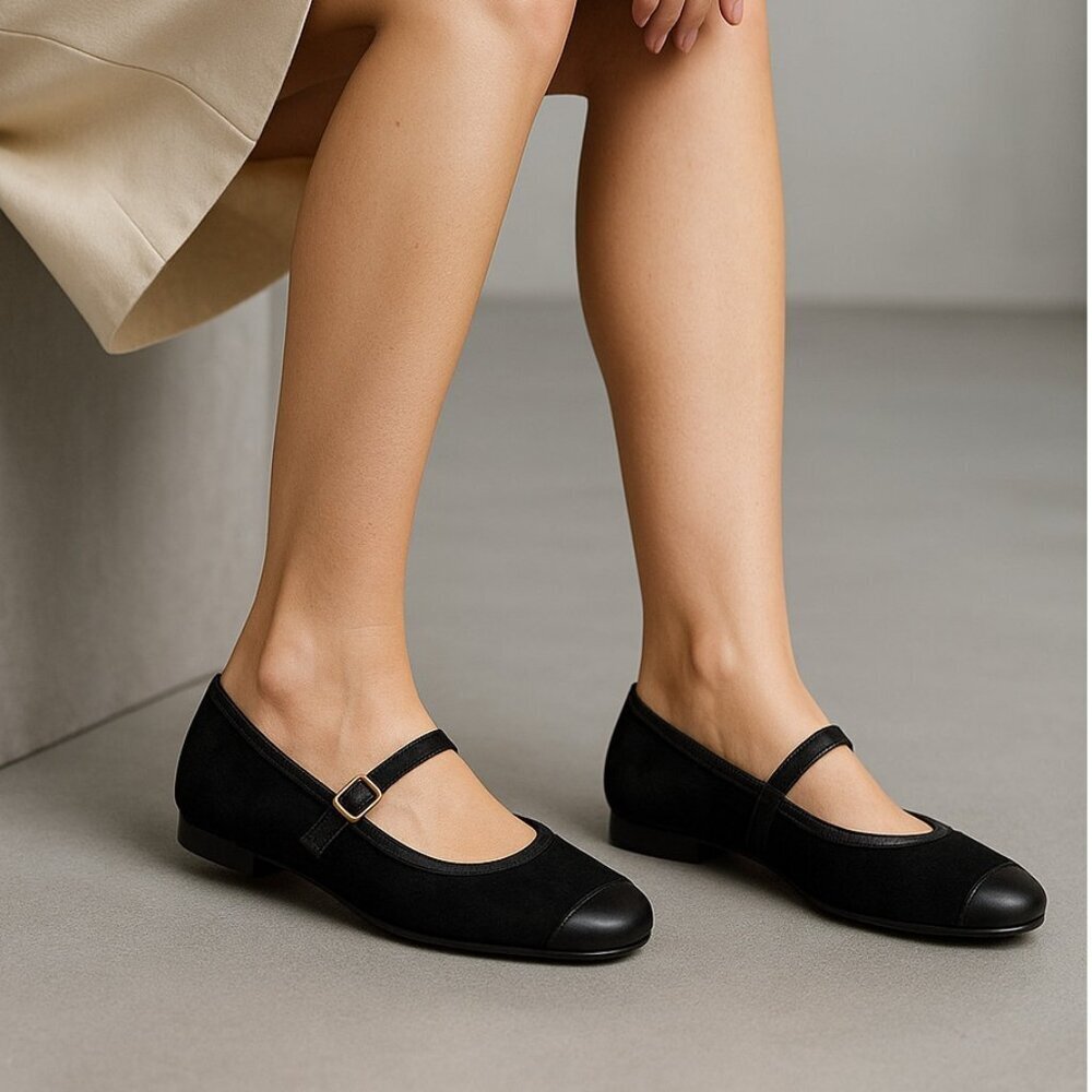 Eschantel Black Suede Mary Jane Flats Size 8.5M Leather Cap Toe Comfort Shoes